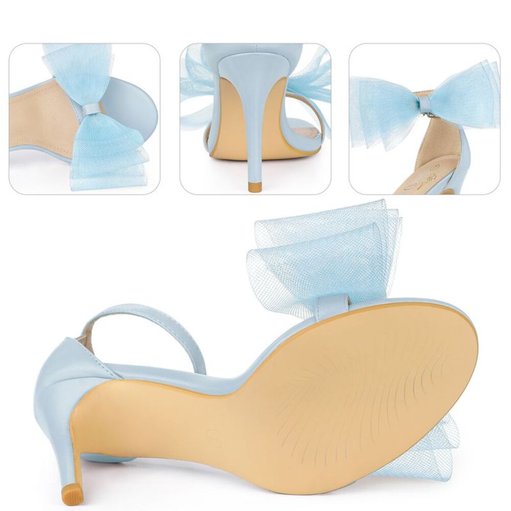 Open Toe High Heels Ankle Strap Bow Tie Light Blue Stiletto Heel Sandals - Picture 3 of 6